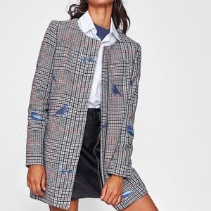 Plaid Coat w/ Bird Embroidery